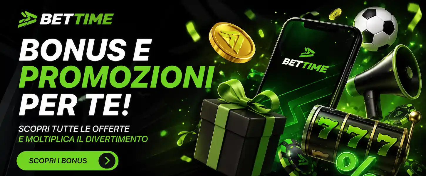 Bonus e promozioni Bettime presentati con offerte, regali e giochi online in un design moderno.